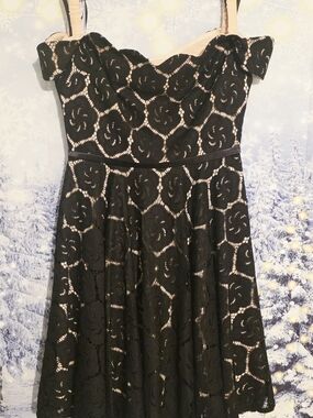 Maniju Black Lace Off-Shoulder Dress | Nude Lining | Size Medium